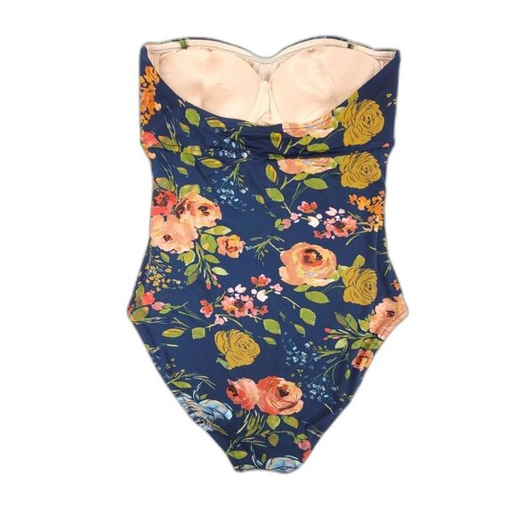 GARNET HILL Strapless Ruched Bandeau One Piece Swimsuit Navy Floral Plus Size 16 - Picture 5 of 7
